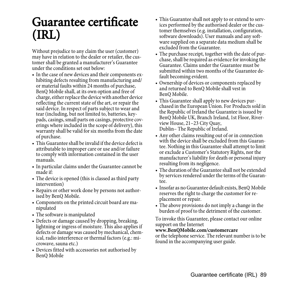 Guarantee certificate (irl) | BenQ P51 User Manual | Page 101 / 104
