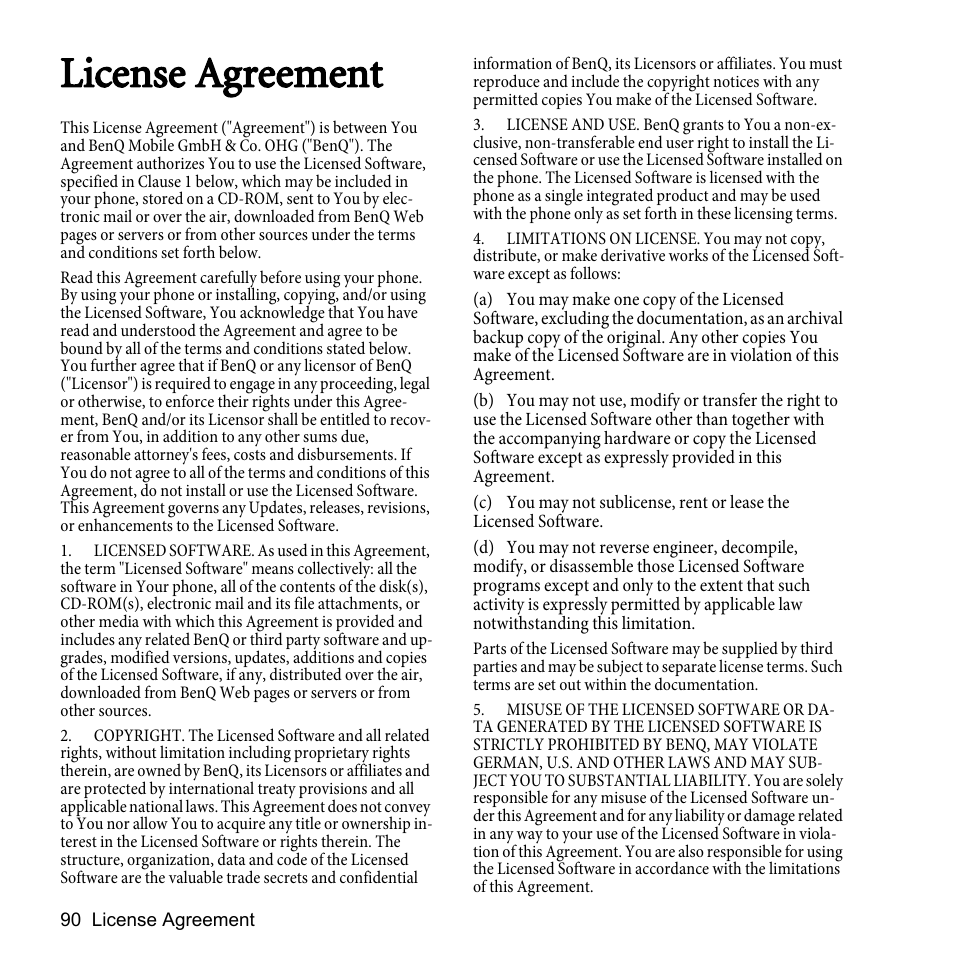 License agreement | BenQ P51 User Manual | Page 102 / 104