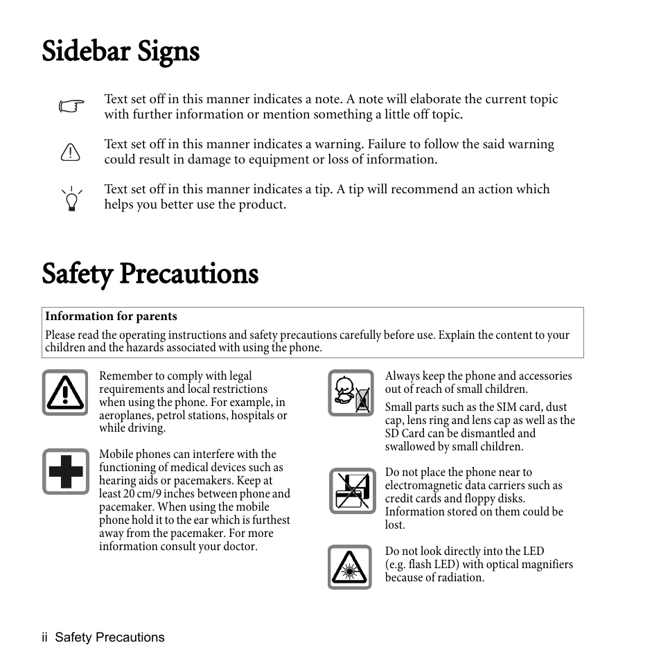 Safety precautions, Sidebar signs safety precautions | BenQ P51 User Manual | Page 2 / 104