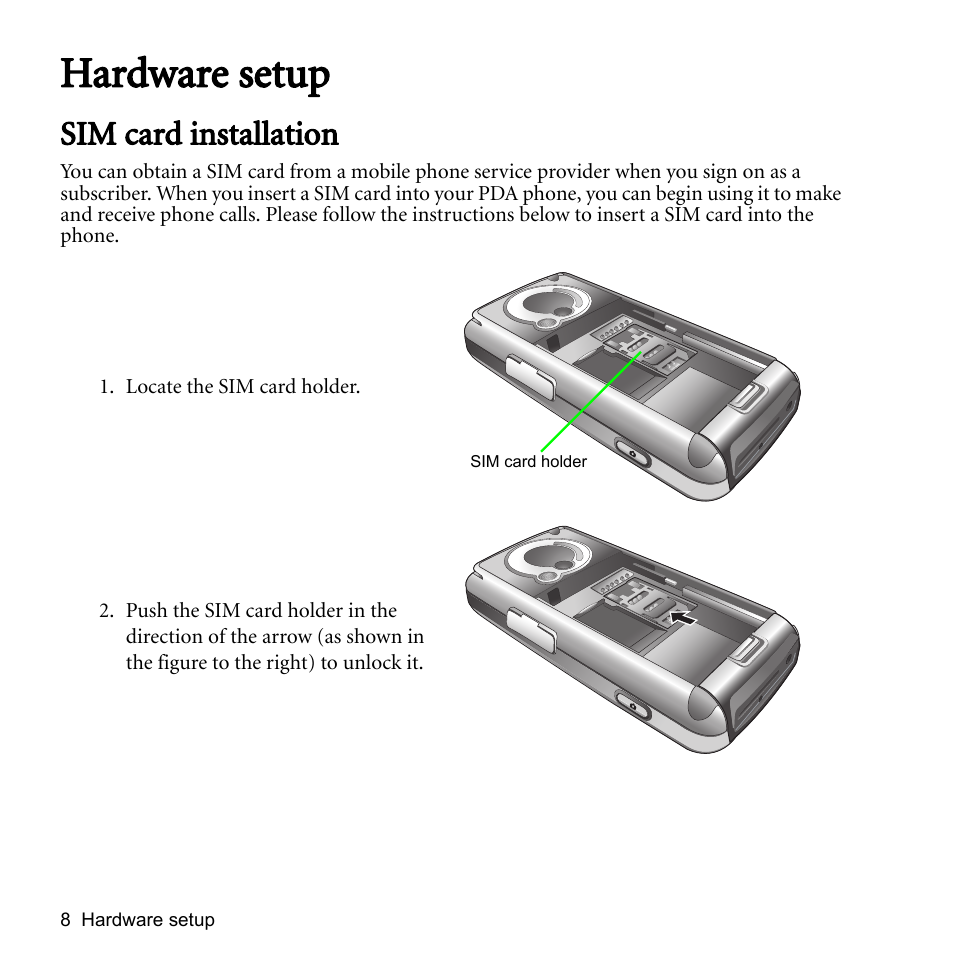 Hardware setup, Sim card installation | BenQ P51 User Manual | Page 20 / 104