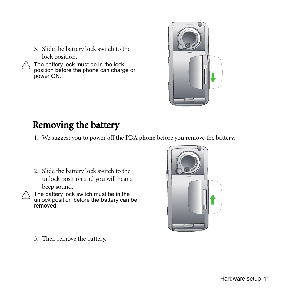 Removing the battery, Slide the battery lock switch to the lock position, Then remove the battery | Hardware setup 11 | BenQ P51 User Manual | Page 23 / 104