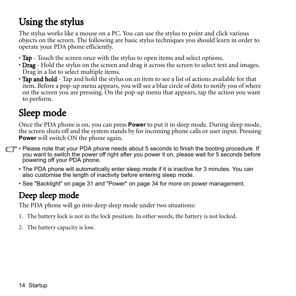 Using the stylus, Sleep mode, Deep sleep mode | Using the stylus sleep mode | BenQ P51 User Manual | Page 26 / 104