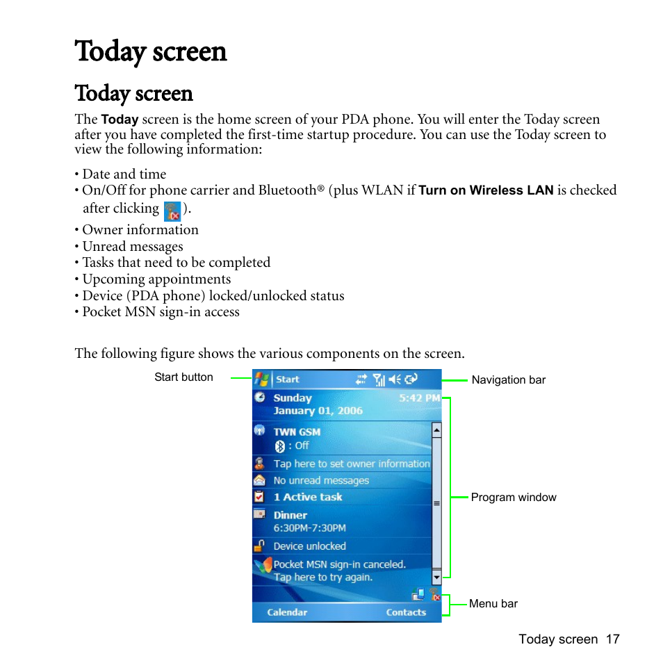 Today screen | BenQ P51 User Manual | Page 29 / 104