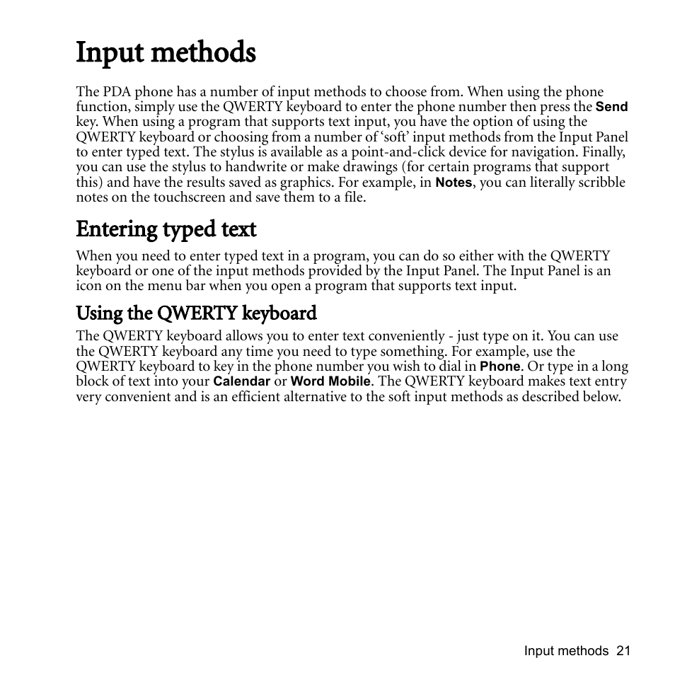 Input methods, Entering typed text, Using the qwerty keyboard | BenQ P51 User Manual | Page 33 / 104