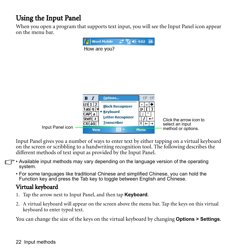 Using the input panel, Virtual keyboard | BenQ P51 User Manual | Page 34 / 104