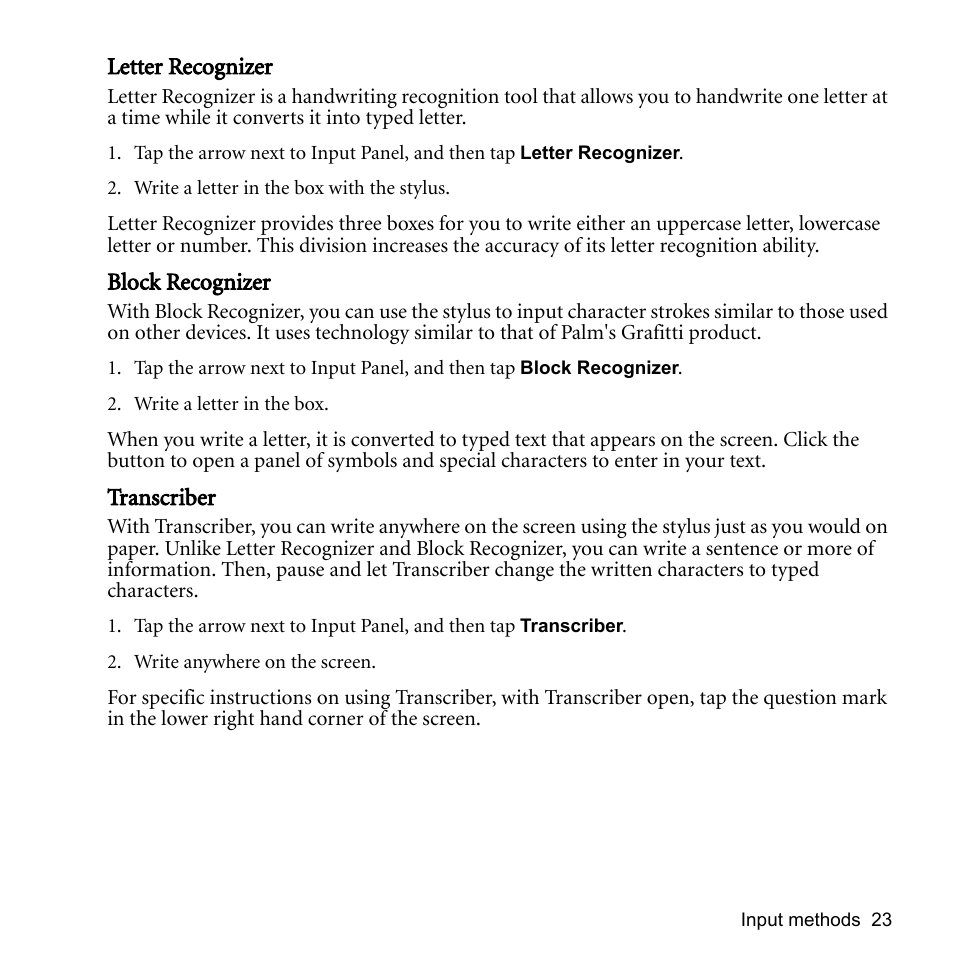 Letter recognizer, Block recognizer, Transcriber | Letter recognizer block recognizer transcriber | BenQ P51 User Manual | Page 35 / 104