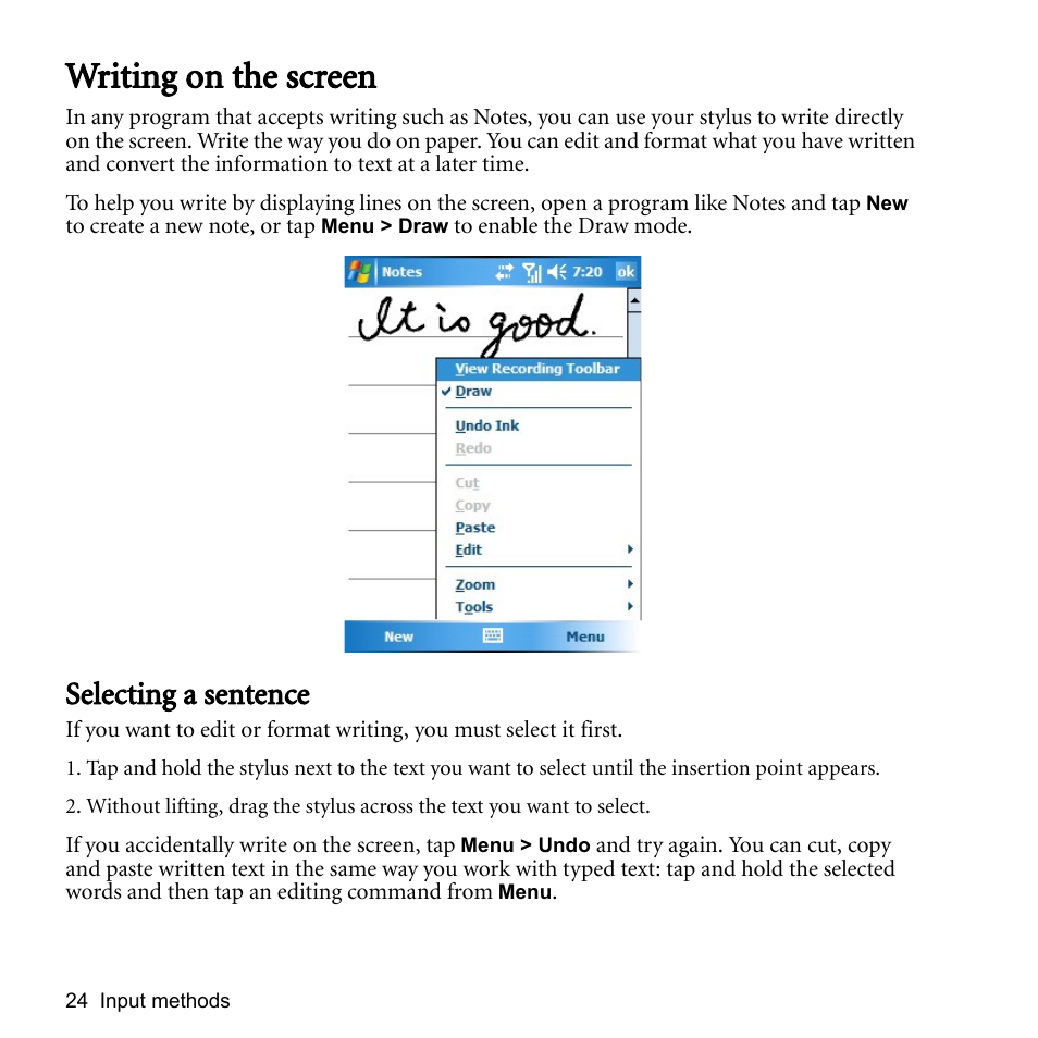 Writing on the screen, Selecting a sentence | BenQ P51 User Manual | Page 36 / 104