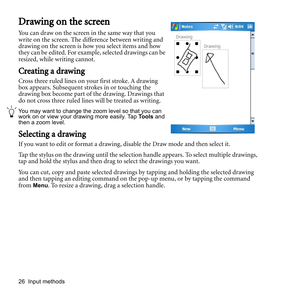 Drawing on the screen, Creating a drawing, Selecting a drawing | Creating a drawing selecting a drawing | BenQ P51 User Manual | Page 38 / 104