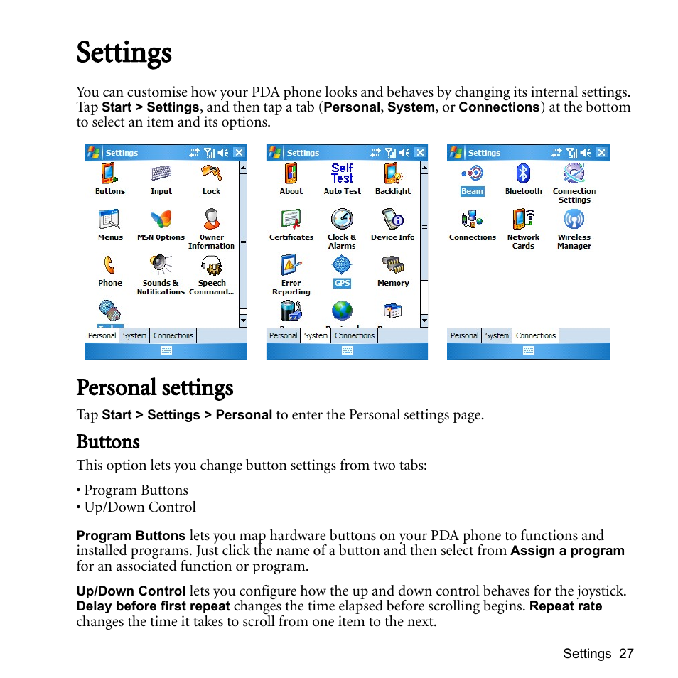 Settings, Personal settings, Buttons | BenQ P51 User Manual | Page 39 / 104