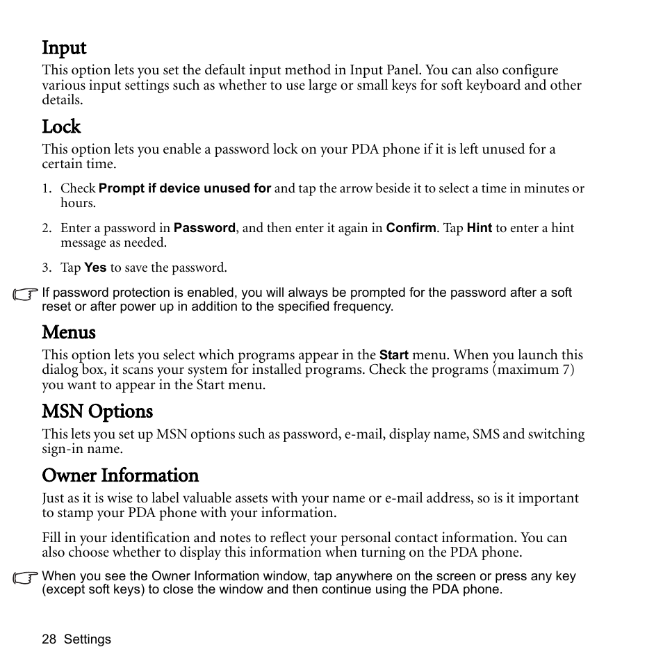 Input, Lock, Menus | Msn options, Owner information, Input lock menus msn options owner information | BenQ P51 User Manual | Page 40 / 104