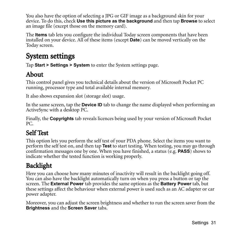 System settings, About, Self test | Backlight, About self test backlight | BenQ P51 User Manual | Page 43 / 104