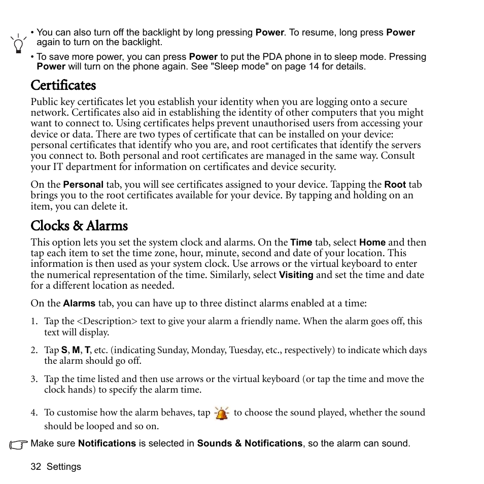Certificates, Clocks & alarms, Certificates clocks & alarms | BenQ P51 User Manual | Page 44 / 104