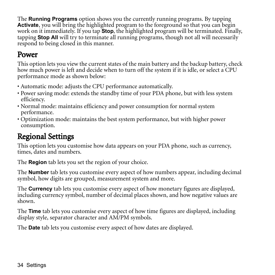 Power, Regional settings, Power regional settings | BenQ P51 User Manual | Page 46 / 104