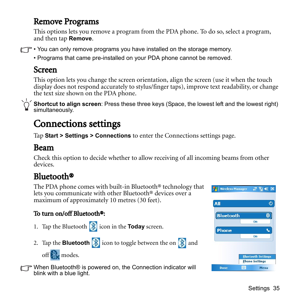 Remove programs, Screen, Connections settings | Beam, Bluetooth, Remove programs screen, Beam bluetooth | BenQ P51 User Manual | Page 47 / 104