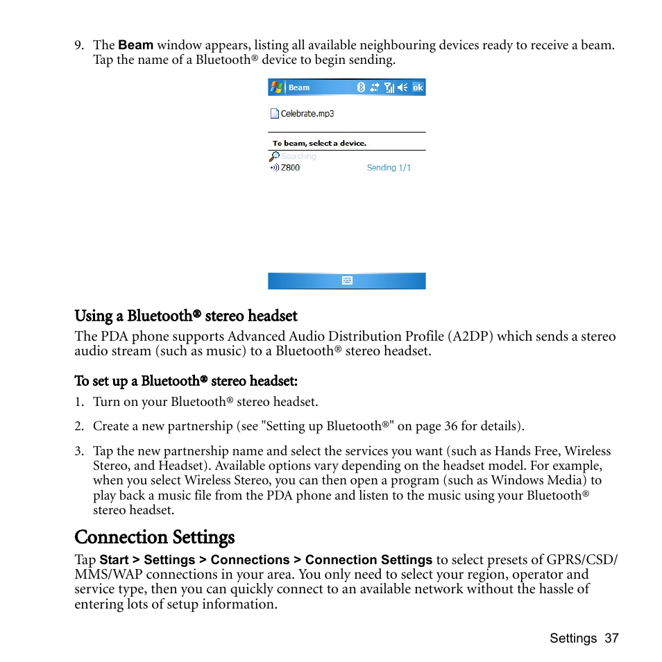 Using a bluetooth® stereo headset, Connection settings | BenQ P51 User Manual | Page 49 / 104