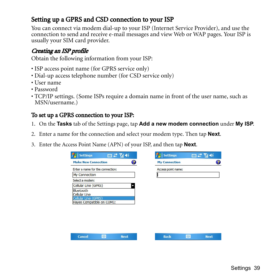 Setting up a gprs and csd connection to your isp | BenQ P51 User Manual | Page 51 / 104