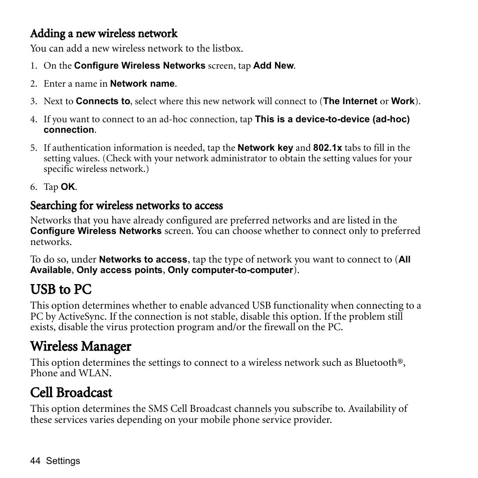 Adding a new wireless network, Searching for wireless networks to access, Usb to pc | Wireless manager, Cell broadcast, Usb to pc wireless manager | BenQ P51 User Manual | Page 56 / 104