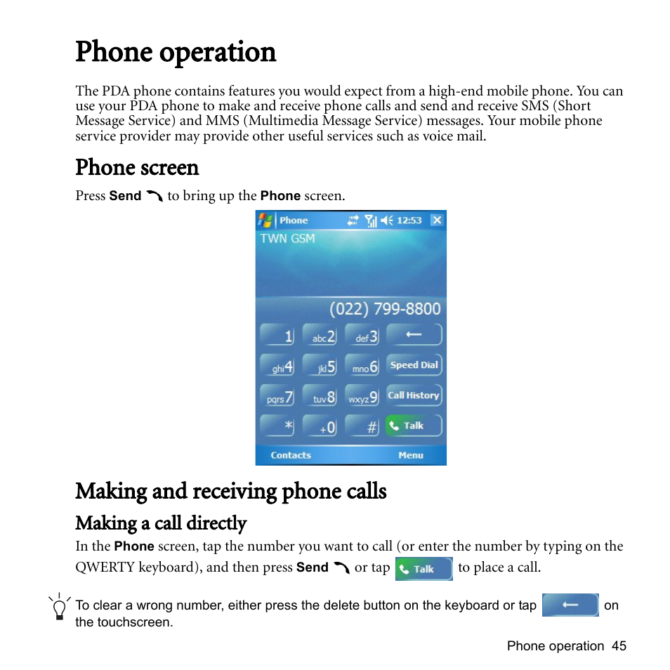 Phone operation, Phone screen, Making and receiving phone calls | Making a call directly, Phone screen making and receiving phone calls | BenQ P51 User Manual | Page 57 / 104