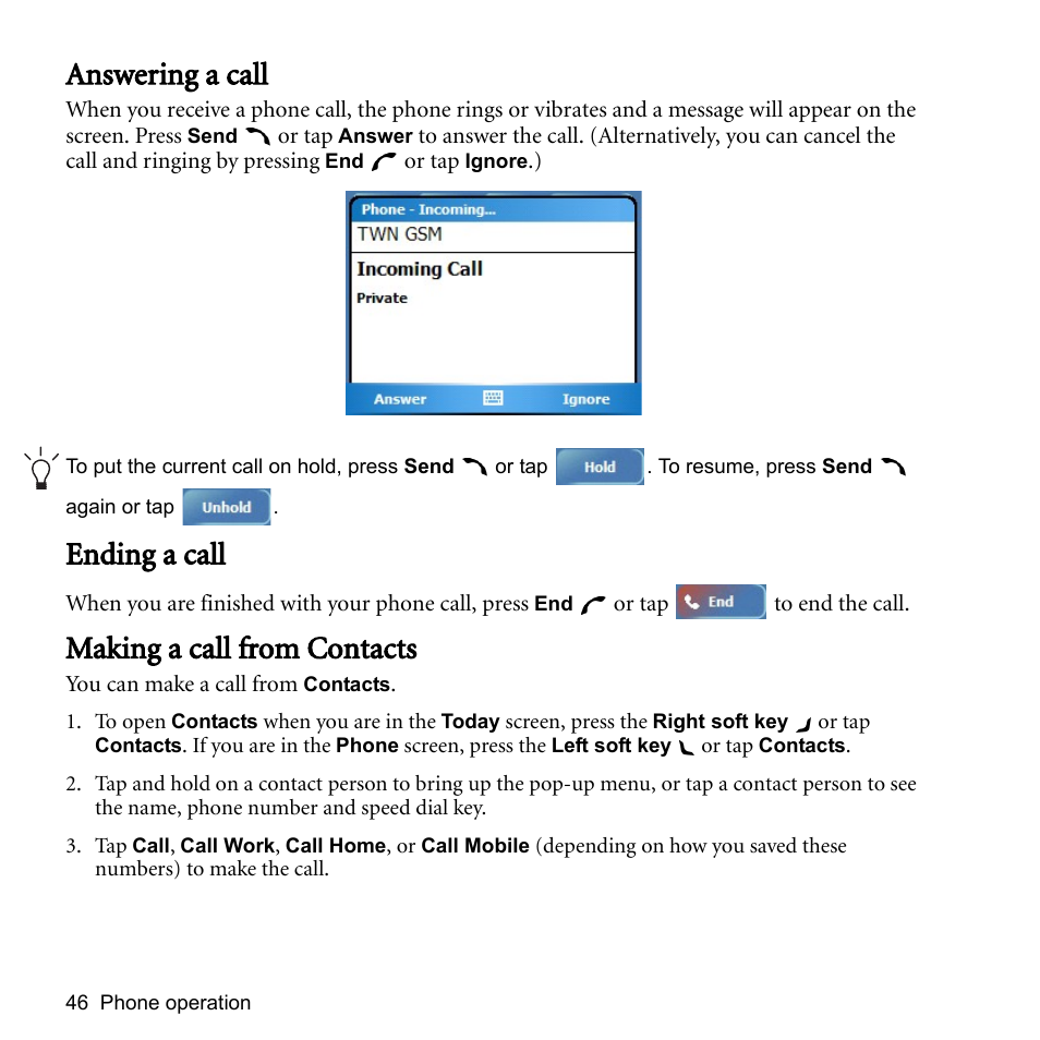 Answering a call, Ending a call, Making a call from contacts | BenQ P51 User Manual | Page 58 / 104