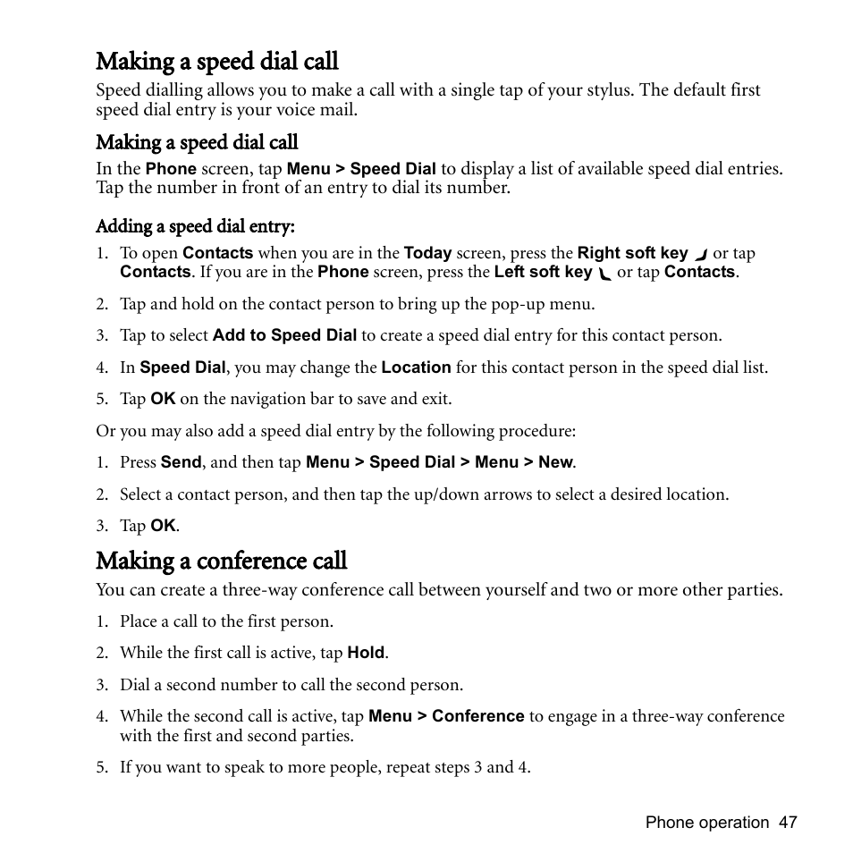 Making a speed dial call, Making a conference call | BenQ P51 User Manual | Page 59 / 104