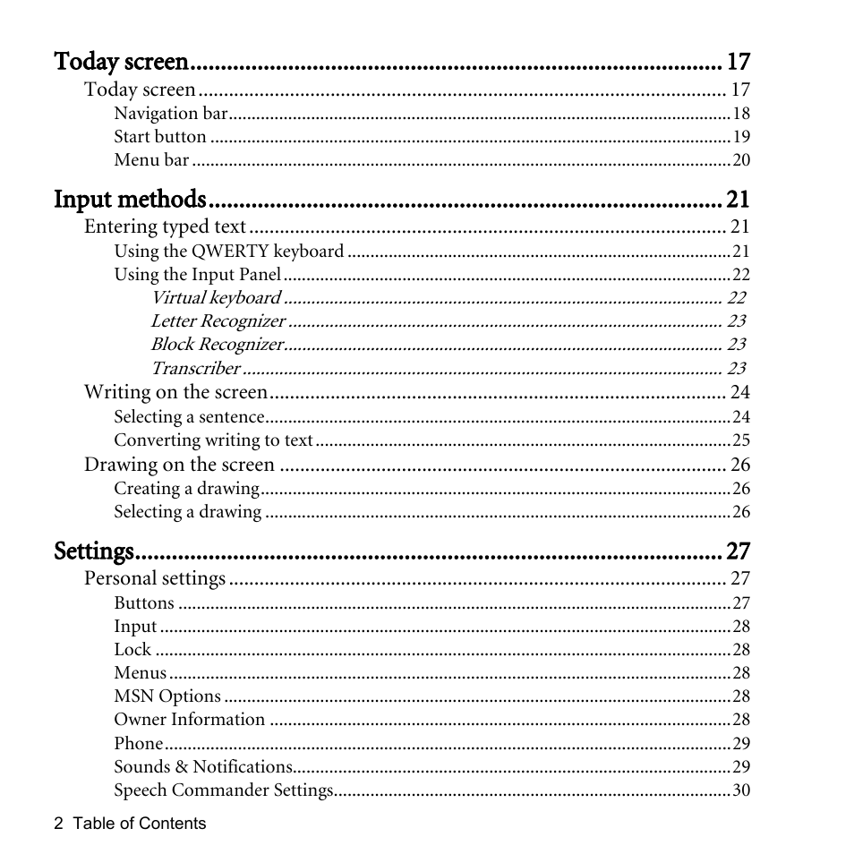 Today screen, Input methods, Settings | BenQ P51 User Manual | Page 6 / 104