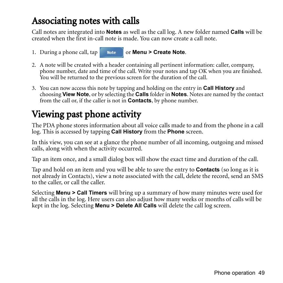 Associating notes with calls, Viewing past phone activity | BenQ P51 User Manual | Page 61 / 104