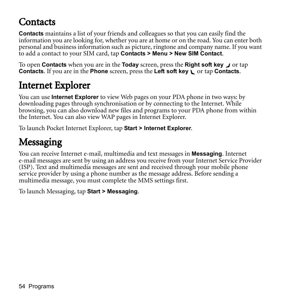 Contacts, Internet explorer, Messaging | Contacts internet explorer messaging | BenQ P51 User Manual | Page 66 / 104
