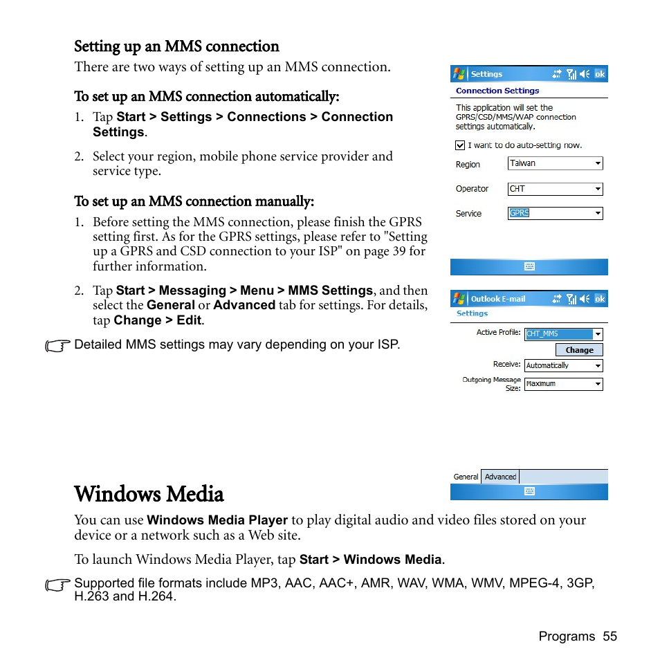 Setting up an mms connection, Windows media | BenQ P51 User Manual | Page 67 / 104