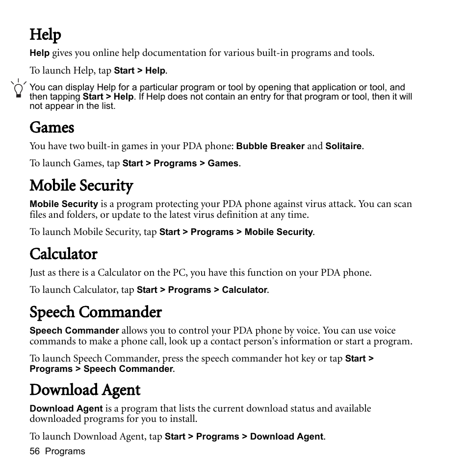 Help, Games, Mobile security | Calculator, Speech commander, Download agent | BenQ P51 User Manual | Page 68 / 104
