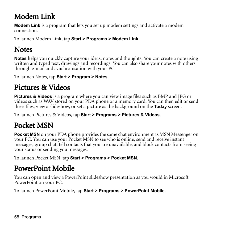 Modem link, Notes, Pictures & videos | Pocket msn, Powerpoint mobile | BenQ P51 User Manual | Page 70 / 104
