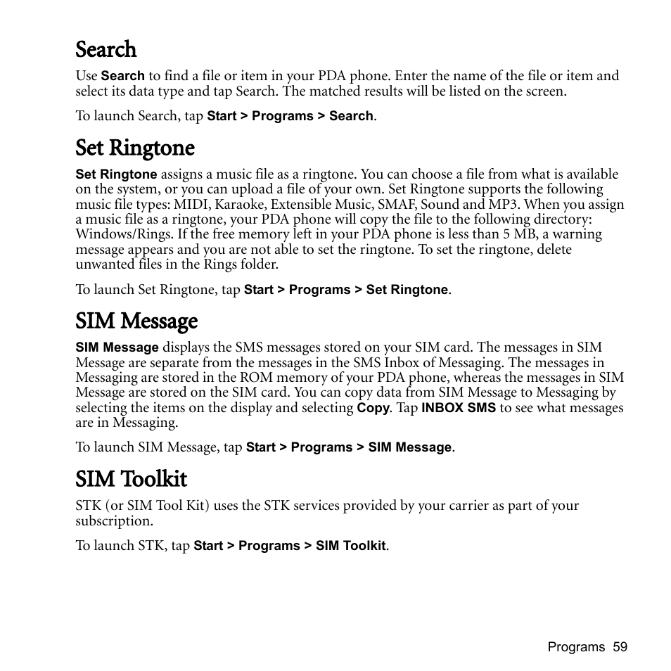 Search, Set ringtone, Sim message | Sim toolkit, Search set ringtone sim message sim toolkit | BenQ P51 User Manual | Page 71 / 104