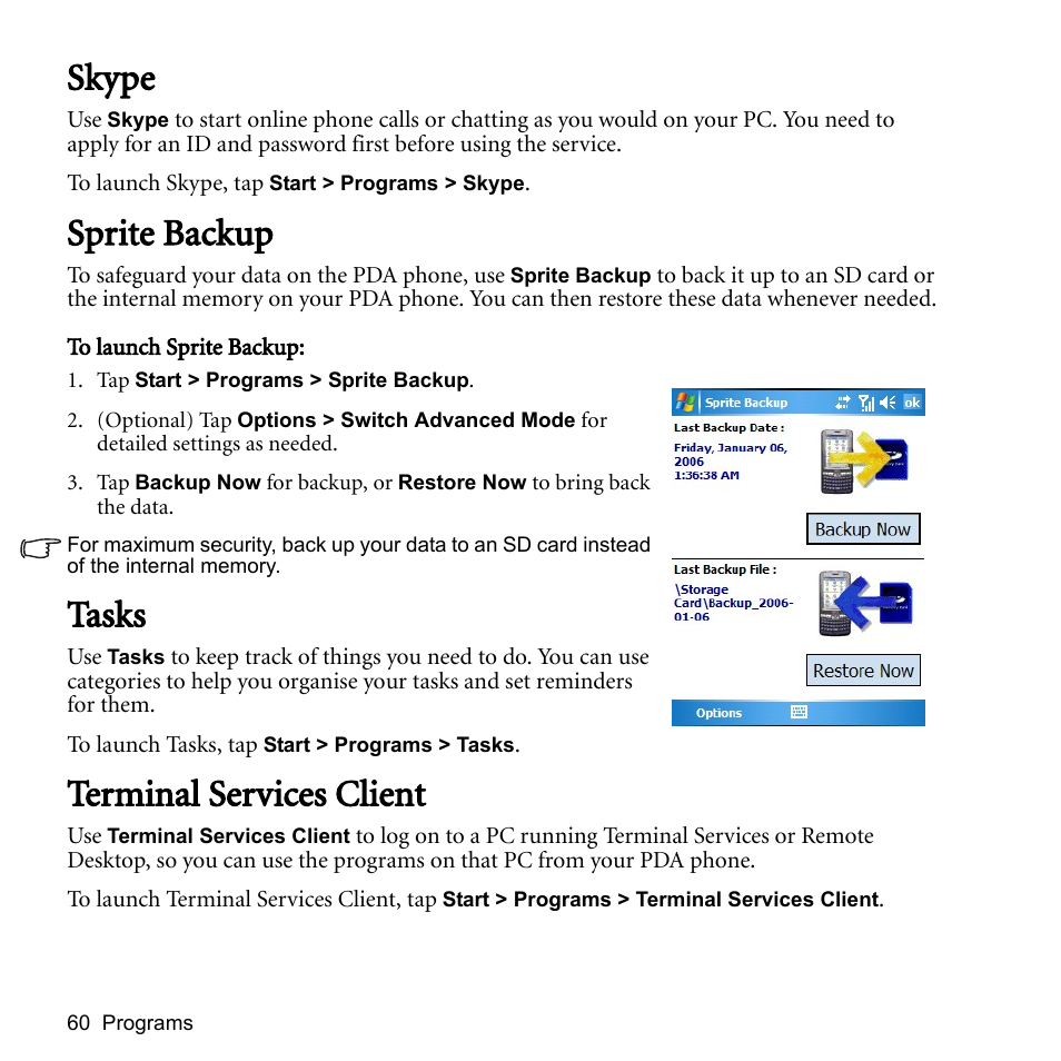 Skype, Sprite backup, Tasks | Terminal services client, Skype sprite backup tasks terminal services client | BenQ P51 User Manual | Page 72 / 104