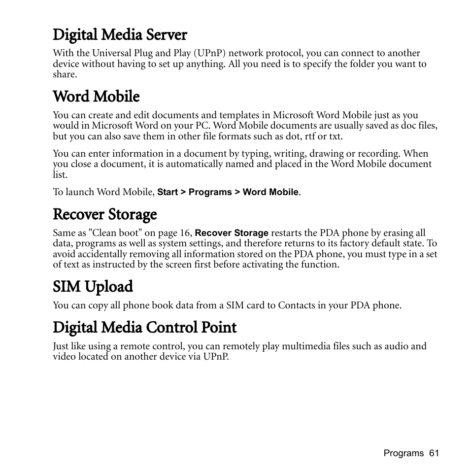 Digital media server, Word mobile, Recover storage | Sim upload, Digital media control point | BenQ P51 User Manual | Page 73 / 104