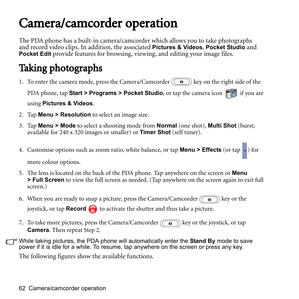 Camera/camcorder operation, Taking photographs | BenQ P51 User Manual | Page 74 / 104