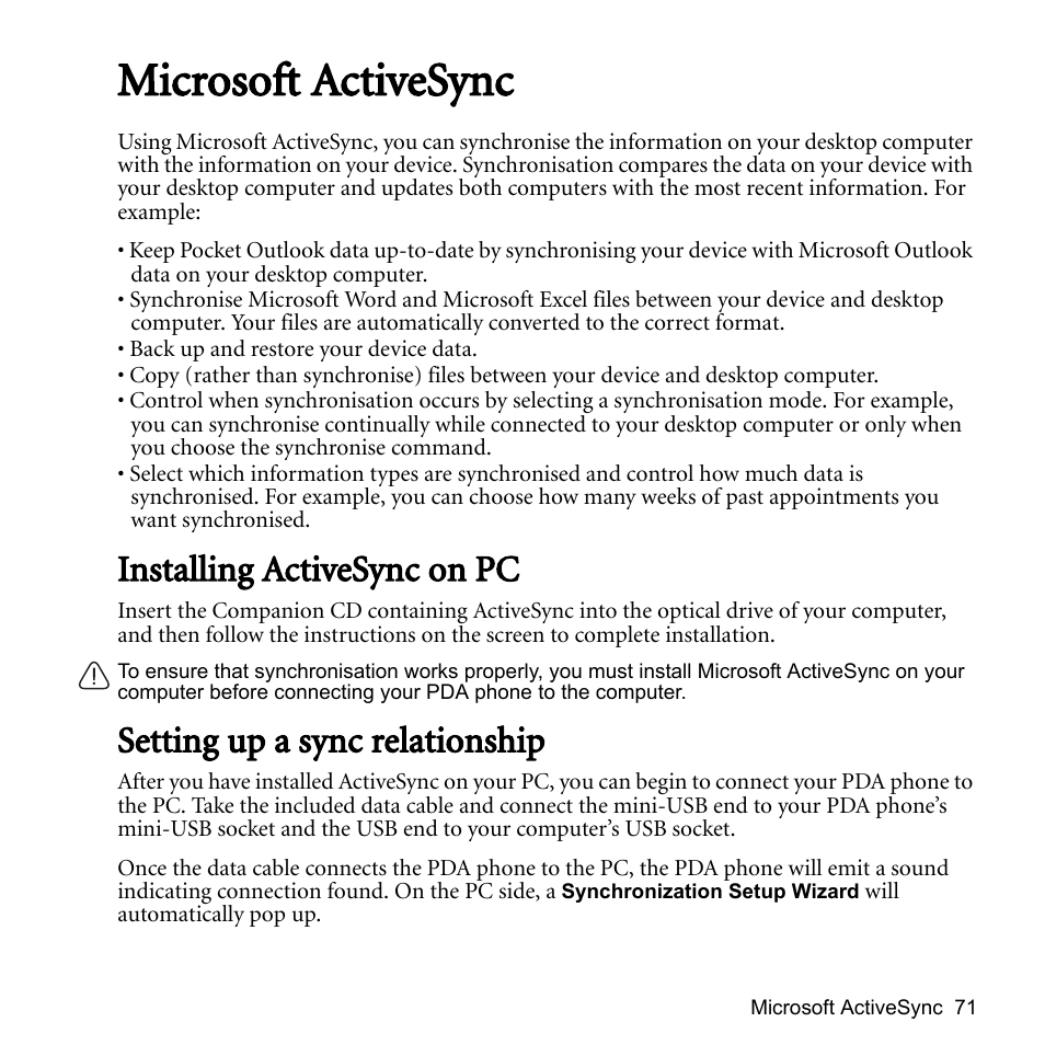 Microsoft activesync, Installing activesync on pc, Setting up a sync relationship | BenQ P51 User Manual | Page 83 / 104