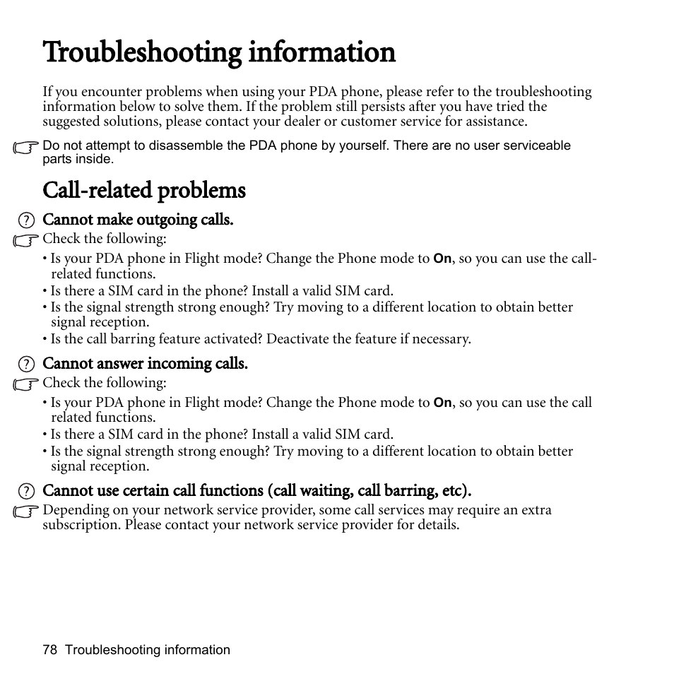 Troubleshooting information, Call-related problems | BenQ P51 User Manual | Page 90 / 104