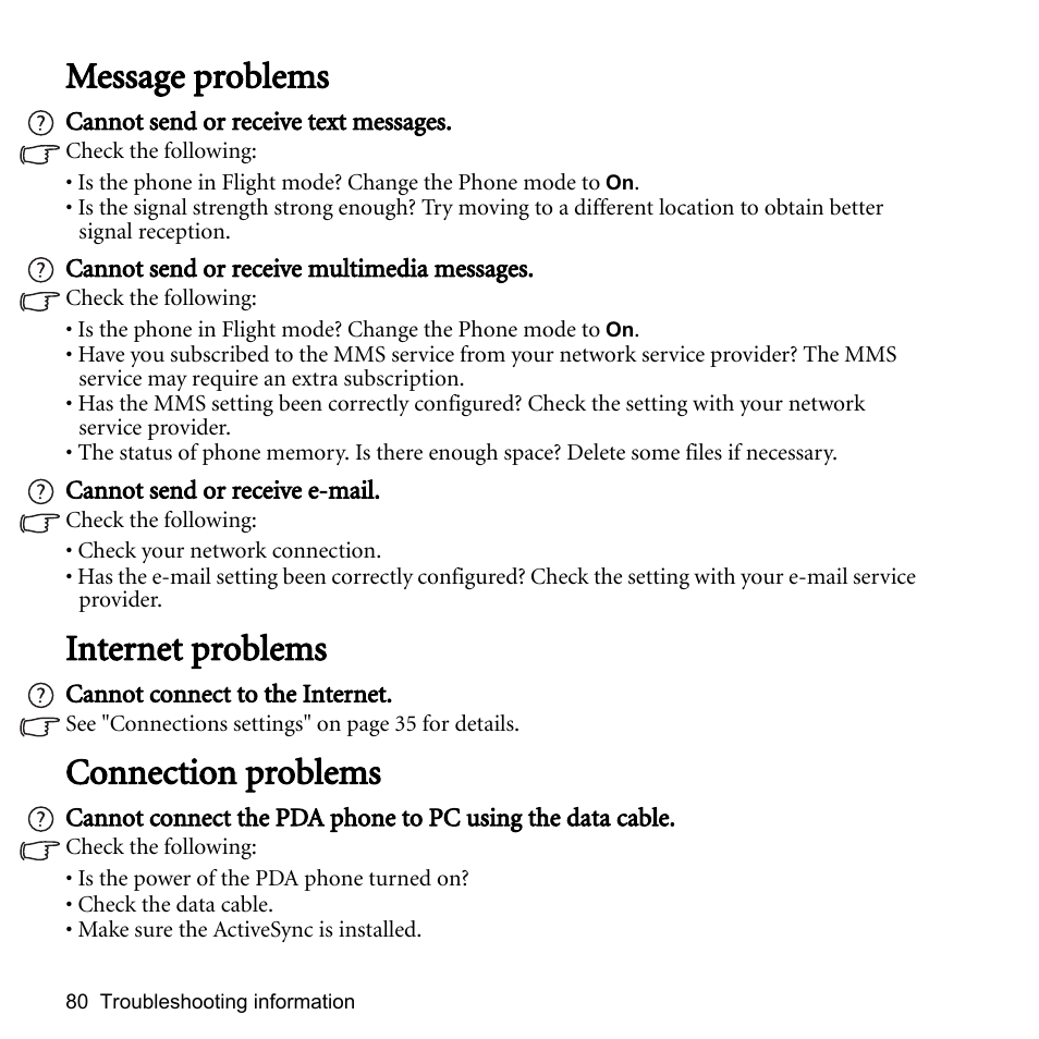 Message problems, Internet problems, Connection problems | BenQ P51 User Manual | Page 92 / 104