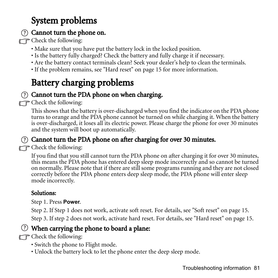 System problems, Battery charging problems, System problems battery charging problems | BenQ P51 User Manual | Page 93 / 104
