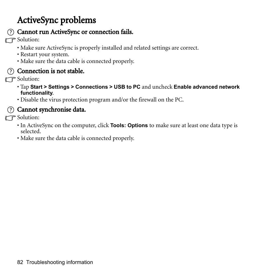 Activesync problems | BenQ P51 User Manual | Page 94 / 104
