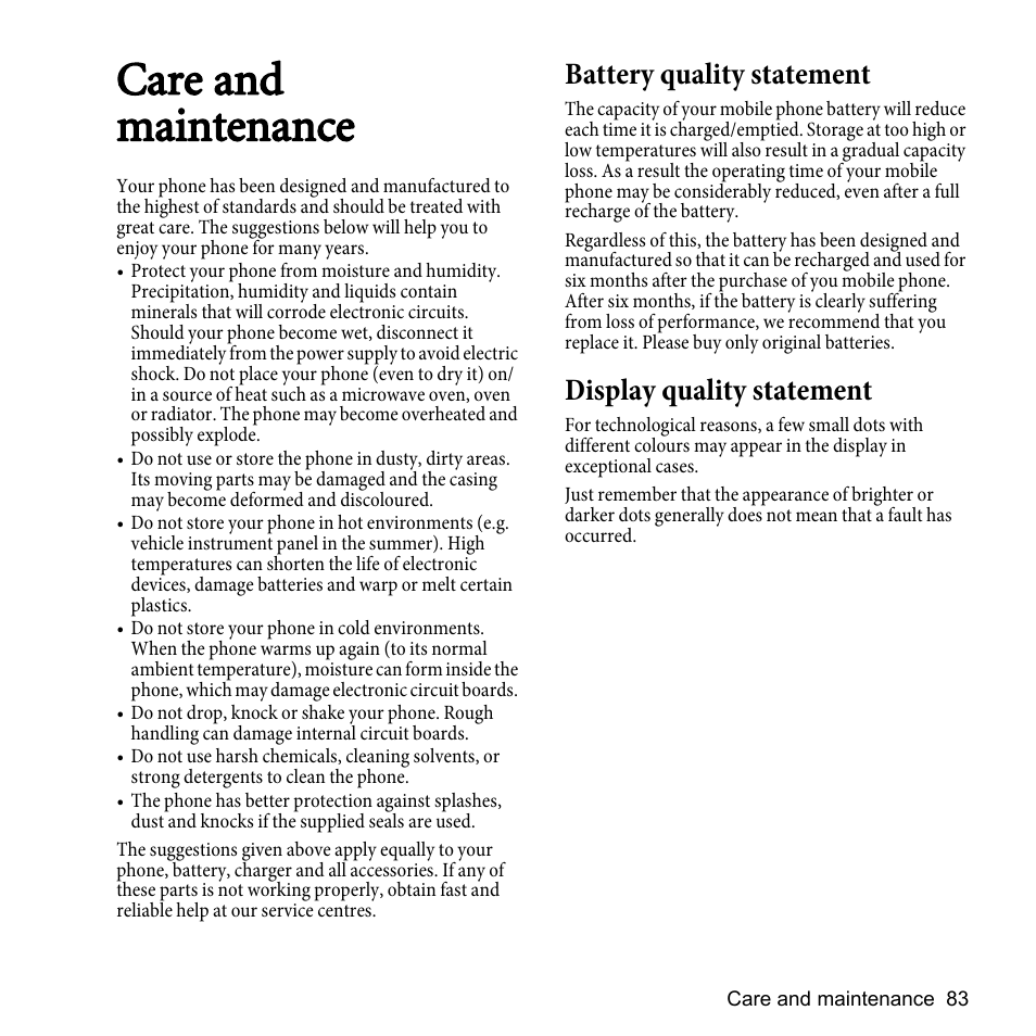 Care and maintenance, Battery quality statement, Display quality statement | BenQ P51 User Manual | Page 95 / 104