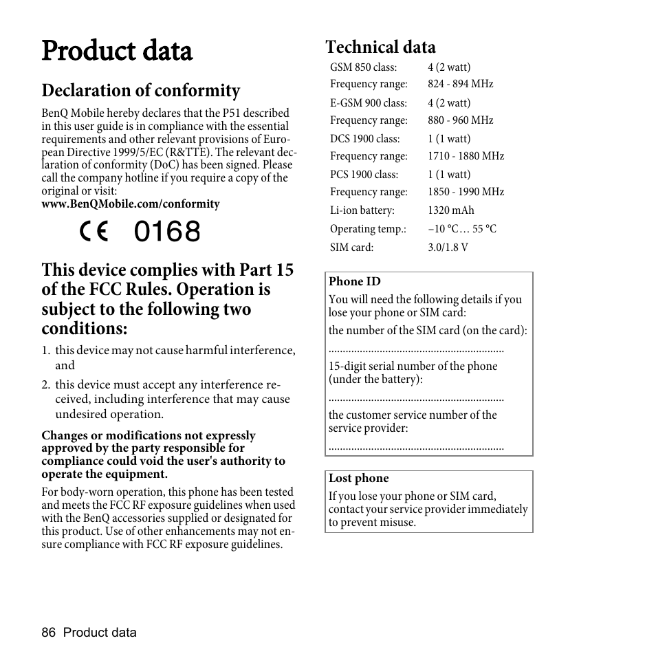 Product data, Declaration of conformity, Technical data | BenQ P51 User Manual | Page 98 / 104