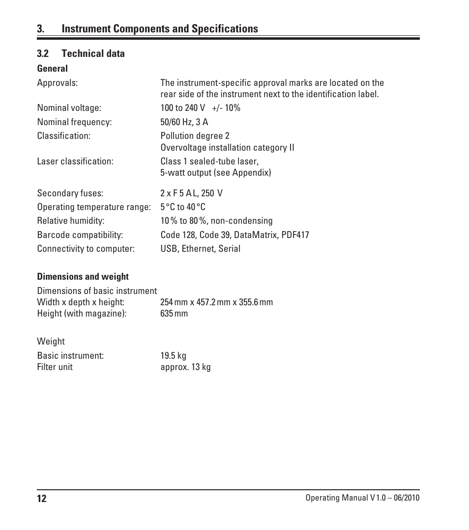 2 technical data, Technical data, Instrument components and specifications | Leica Biosystems LPC Operating Manual User Manual | Page 12 / 42