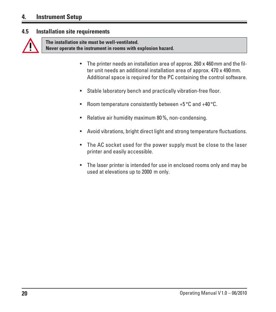 5 installation site requirements, Installation site requirements, Instrument setup | Leica Biosystems LPC Operating Manual User Manual | Page 20 / 42