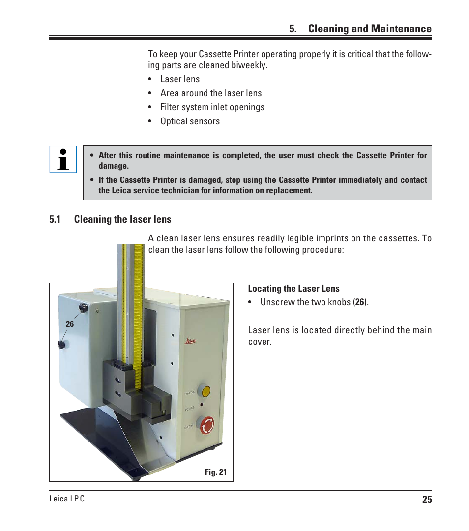Cleaning and maintenance, 1 cleaning the laser lens, Cleaning the laser lens | Leica Biosystems LPC Operating Manual User Manual | Page 25 / 42