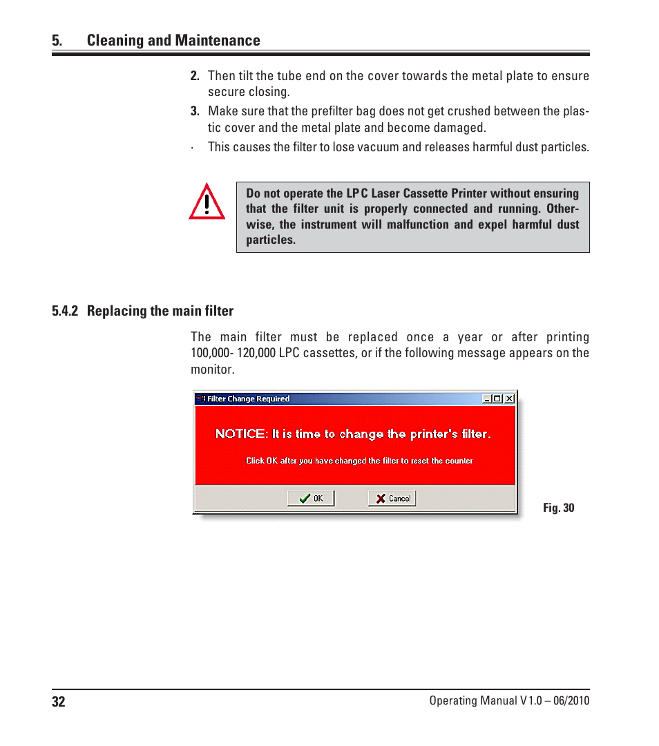 2 replacing the main filter, Cleaning and maintenance | Leica Biosystems LPC Operating Manual User Manual | Page 32 / 42