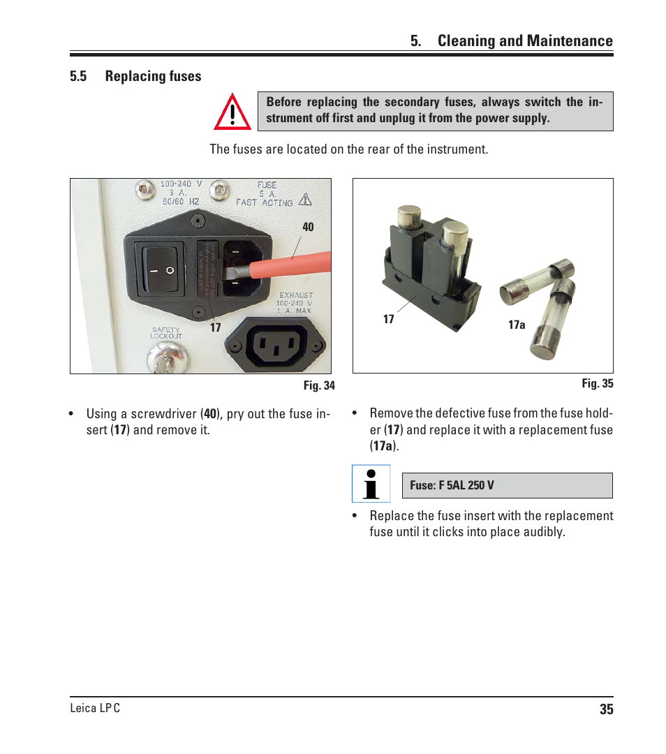 5 replacing fuses, Replacing fuses, Cleaning and maintenance | Leica Biosystems LPC Operating Manual User Manual | Page 35 / 42