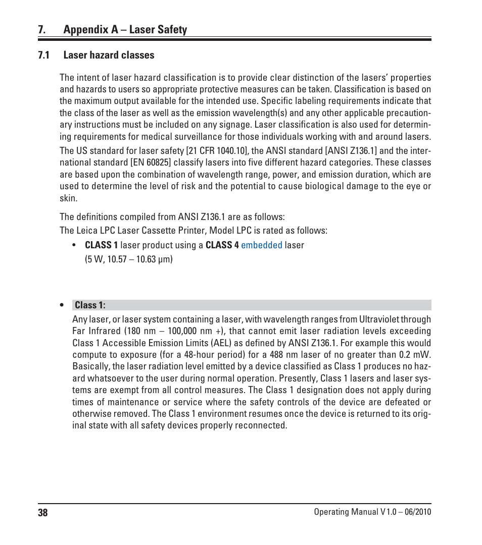 Appendix a - laser safety, 1 laser hazard classes, Appendix a – laser safety | Laser hazard classes | Leica Biosystems LPC Operating Manual User Manual | Page 38 / 42