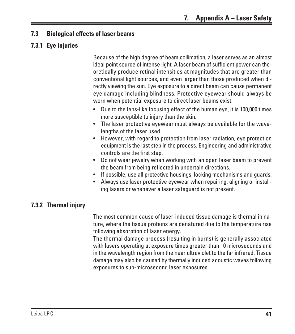 3 biological effects of laser beams, 1 eye injuries, 2 thermal injury | Biological effects of laser beams, 1 eye injuries 7.3.2 thermal injury | Leica Biosystems LPC Operating Manual User Manual | Page 41 / 42