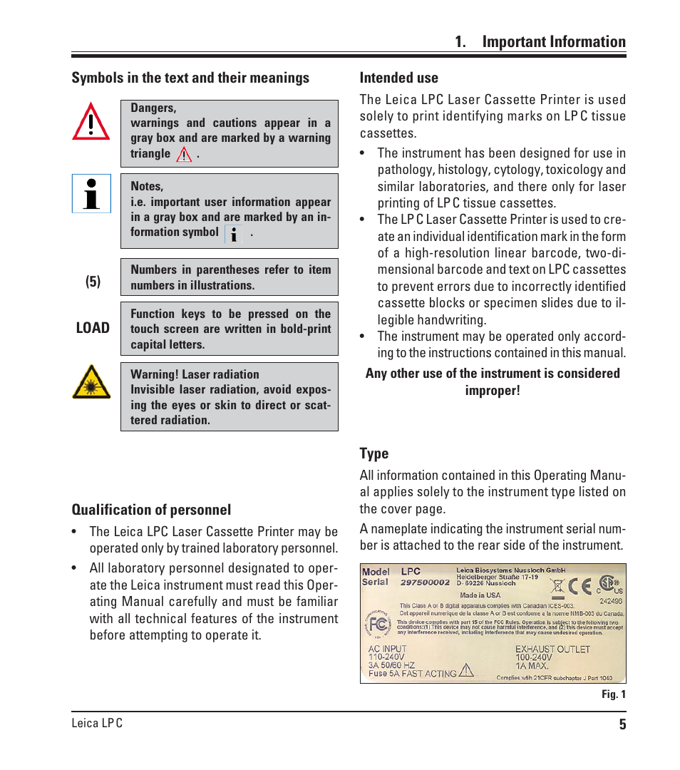 Important information | Leica Biosystems LPC Operating Manual User Manual | Page 5 / 42