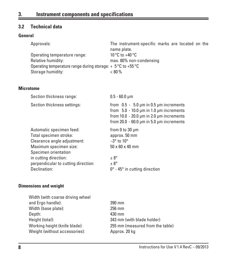 2 technical data, Technical data, Instrument components and specifications | Leica Biosystems SM2010 R User Manual | Page 10 / 46